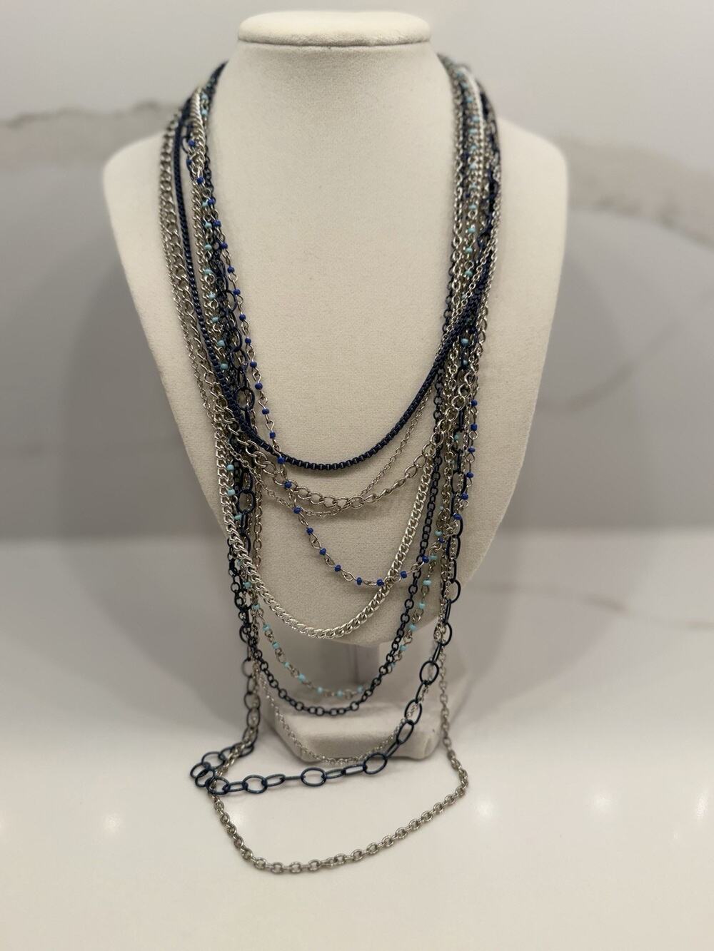Chico’s Multi Strand Silver Tone Chain Necklace Blue Turquoise Beads Navy Links